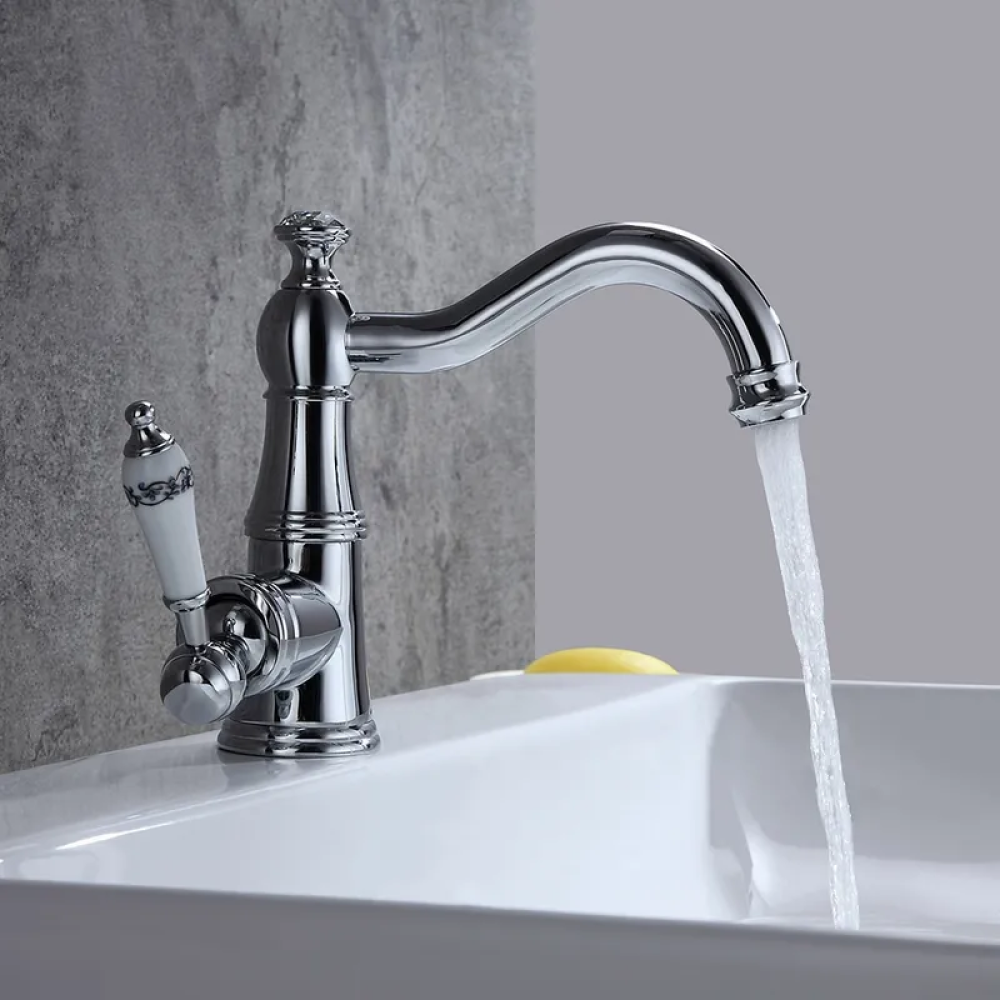 Classic White Porcelain Bathroom Faucet in Polished Chrome - Victorian Style 1-Hole