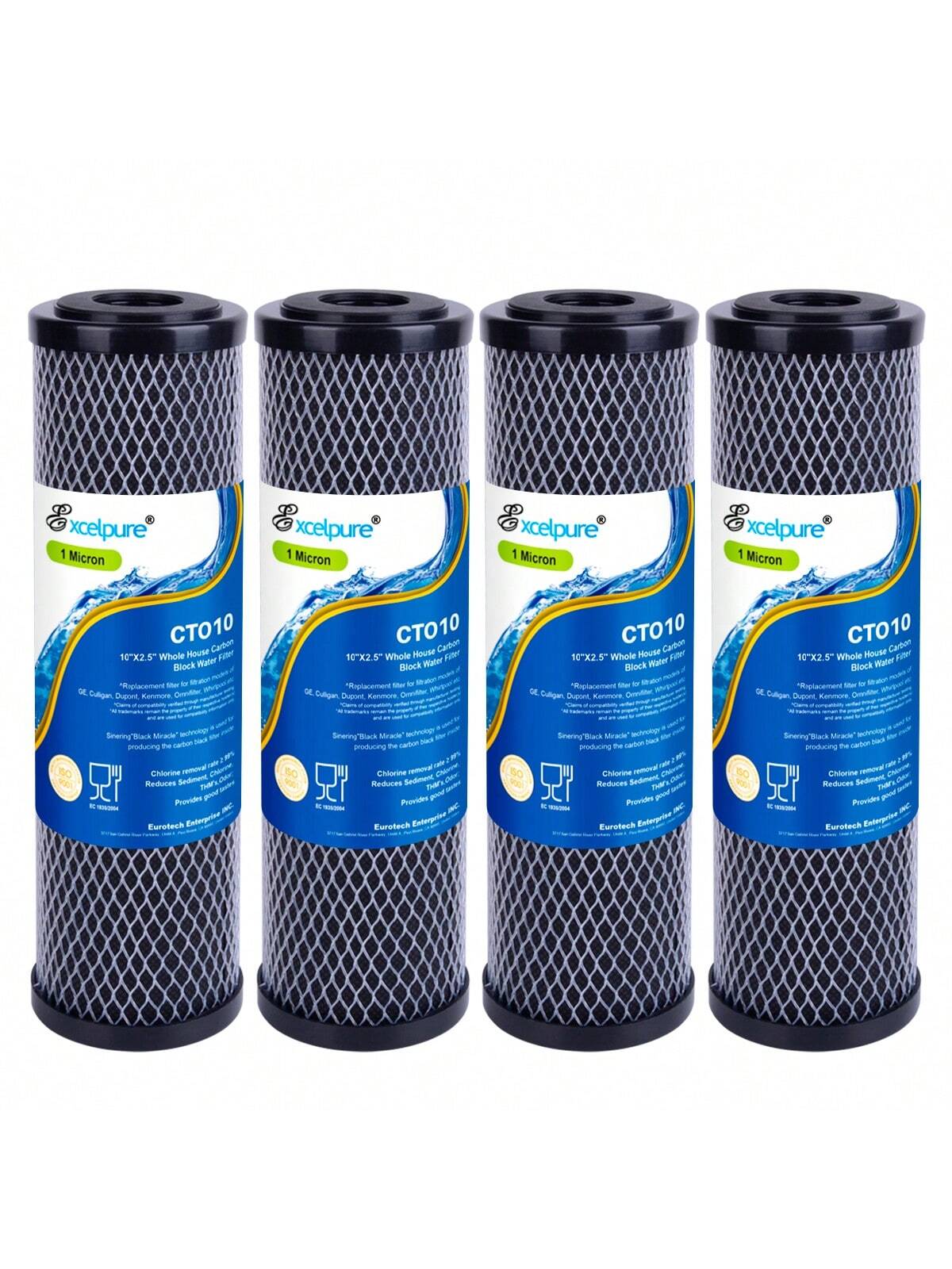EXCELPURE 1 Micron 10" X 2.5" Whole House CTO Carbon Water Filter Cartridge Replacement For Home Countertop System, WFPFC8002, WFPFC9001, FXWTC, SCWH-5, WHEF-WHWC, WHCF-WHWC, CTO10, T01, 4PACK