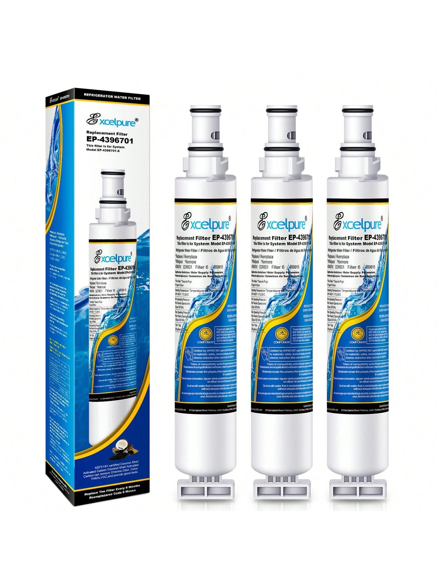 EXCELPURE 4396701 Replacement For Kenmore 9915, EDR6D1, Every Drop FILTER 6, 46-9915, 4396702, RWF2000A, SGF-W10, LC200V,WF293,EFF-6001A, 2301706, RWF1021, Refrigerator Water Filter, 3PACK