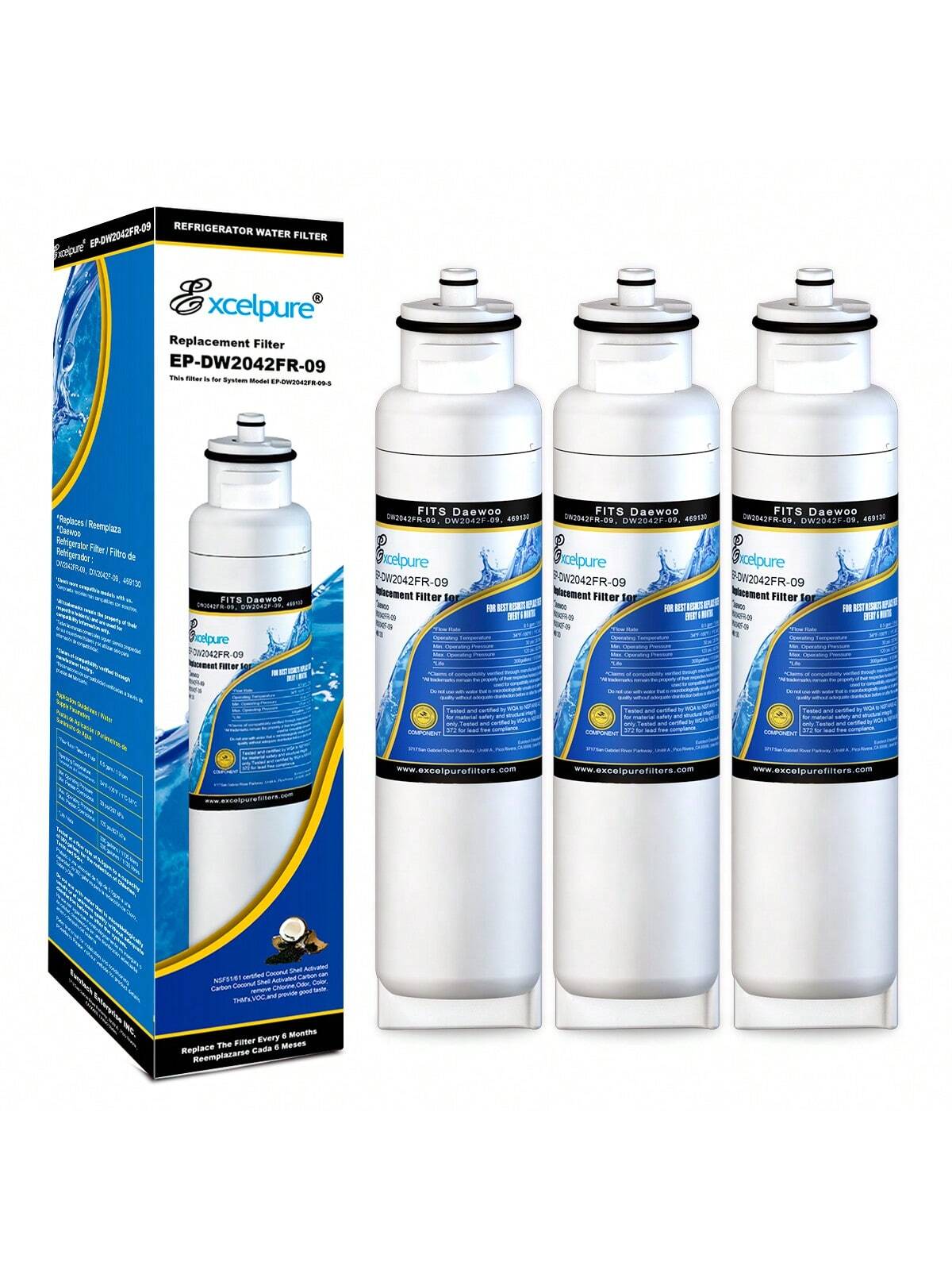 EXCELPURE DW2042FR-09 Replacement For Daewoo DW2042FR, Kenmore 46-9130, Aqua Crystal DW2042FR-09, 60199-0006802-00, FRN-Y22D2V, FRN-Y22D2W, FRNY22F2VI, Refrigerator Water Filter, 3PACK