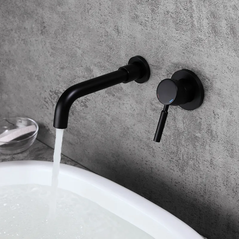 Modern Brass Wall-Mount Bathroom Faucet with Single Handle in Matte Black Sink