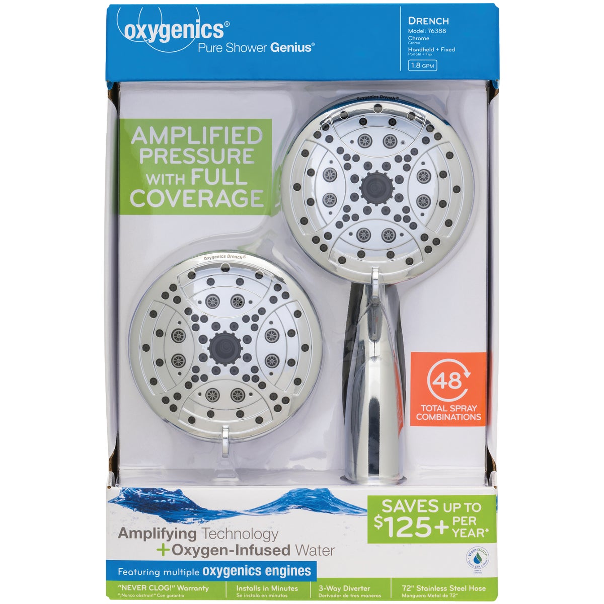 Oxygenics Drench 48-Spray 1.8 GPM Combo Handheld Shower Head, Chrome