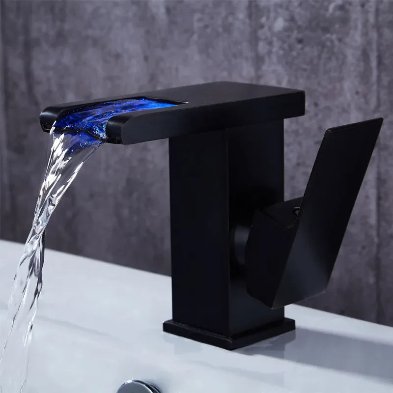 LED Antique Black Waterfall Bathroom Faucet with Single Hole