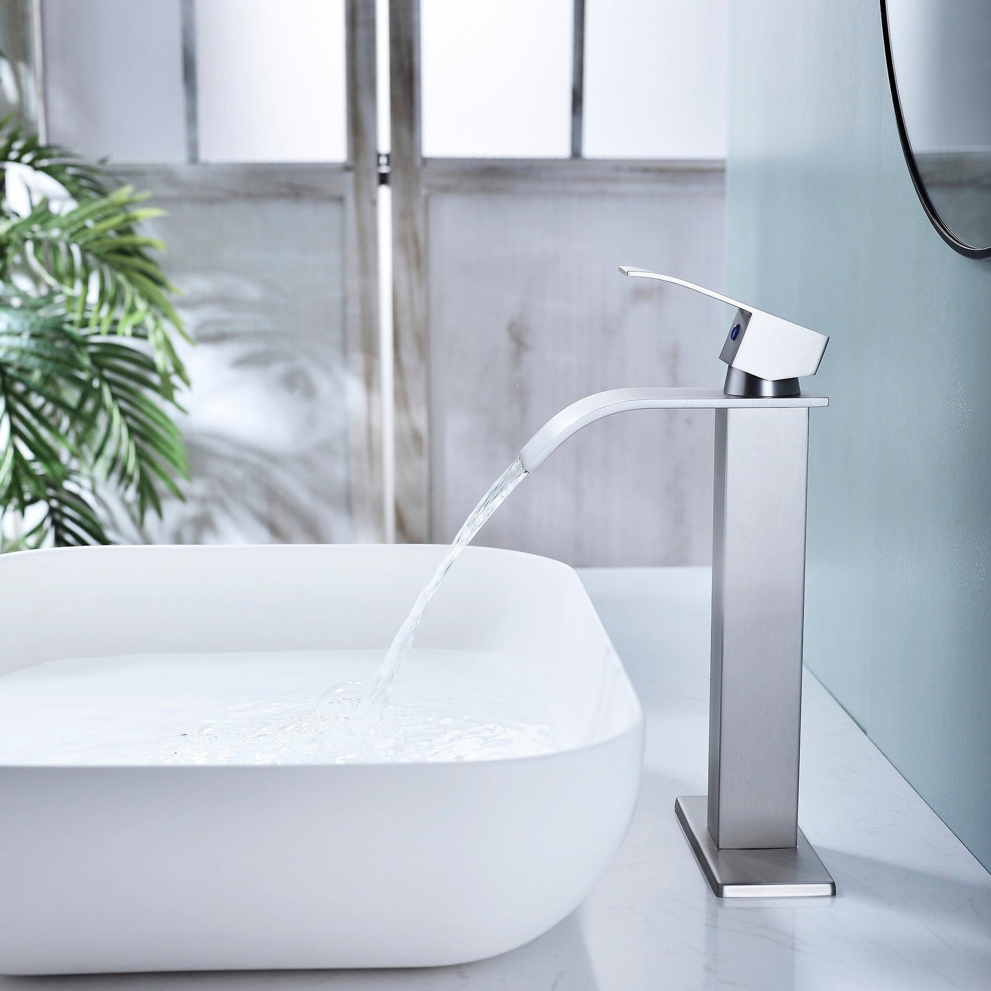 Waterfall Spout Bathroom Faucet Single Handle Vanity Sink Brushed Nickel