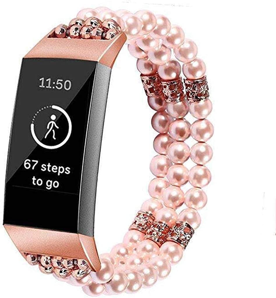 Aliturtle Replacement Accessories for Fitbit Charge 3 Bands, Fashion Faux Pearls Beaded Elastic Stretch Link Band Bracelet Jewelry Wristband Straps Compatible for Fitbit Charge 3 for Women Girls