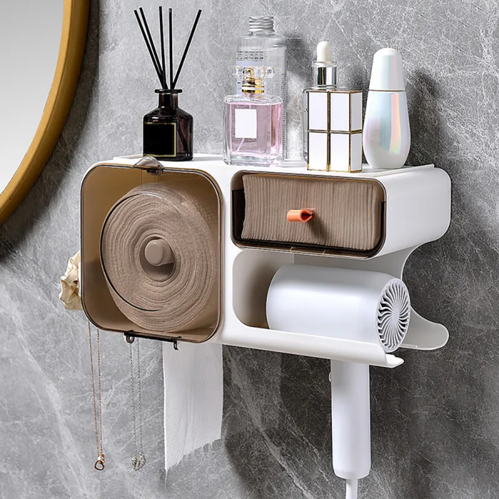 Wall Mounted Bathroom Double-Layer Toilet Paper Holder with Tray Top & Drawer - Tissue Box
