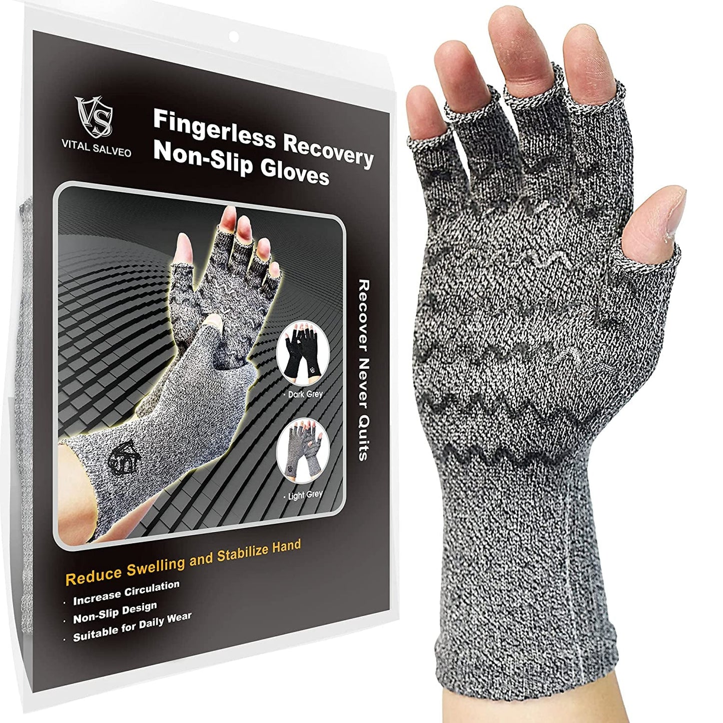 Vital Salveo-Fingerless Compression Arthritis Gloves-Relieve Pain Carpal Tunnel Computer Typing for Men and Women Daily Support (1 Pair)-Dark Grey-S/M