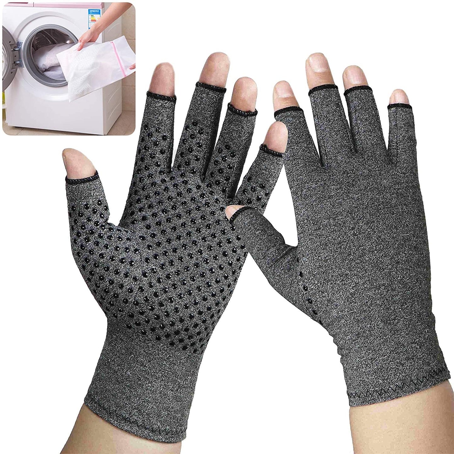 Compression Arthritis Gloves Fingerless Hand Wrist Support Rheumatoid Therapy Joint Pain Relief for Men & Women - Grey (Small) 1 Pair with Laundry Bag
