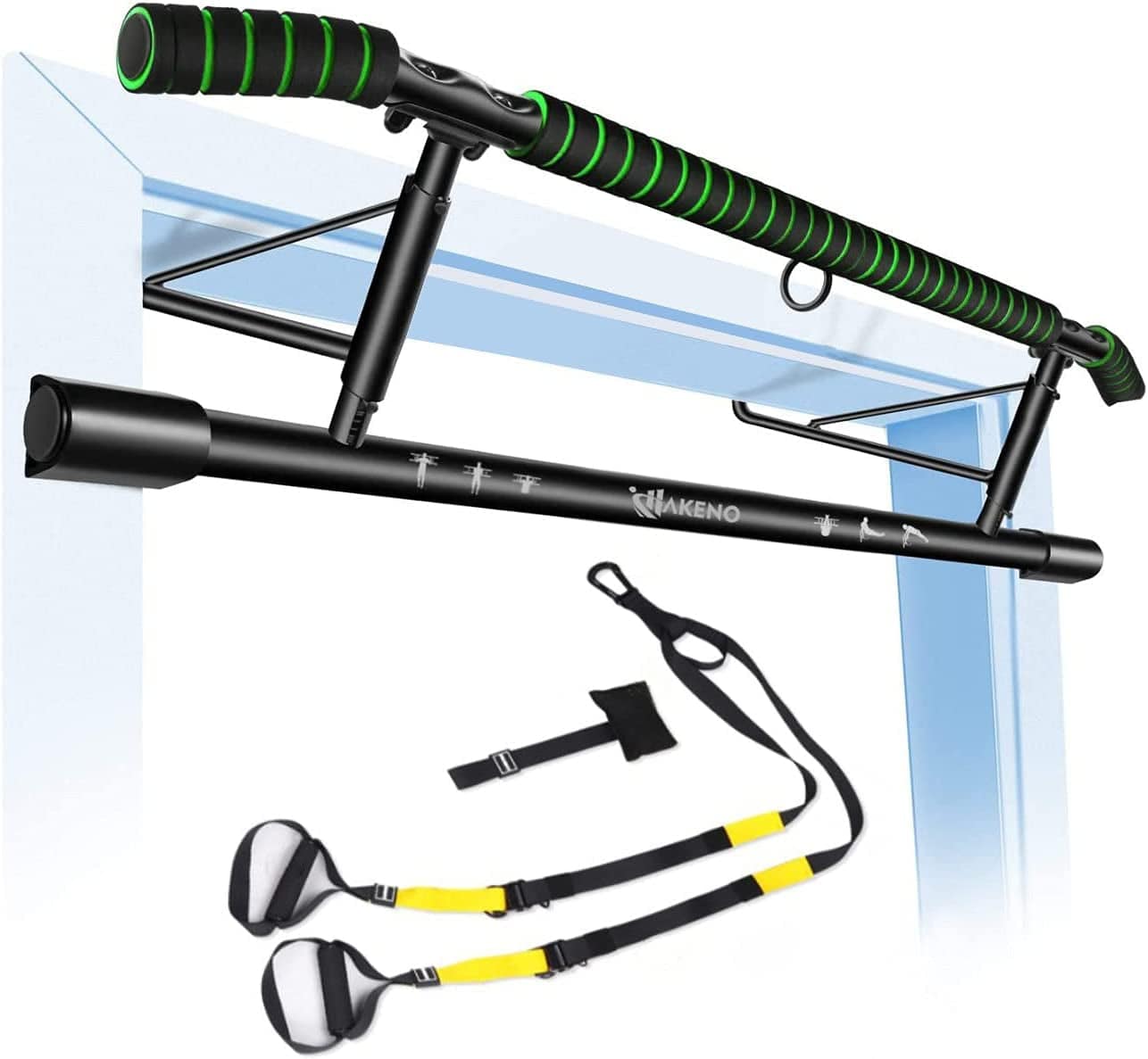 HAKENO Pull up Bar Doorway Fitness Chin-Up Bar Frame for Home Gym Exercise with Shortened Handle Bar & Professional Training Straps Set