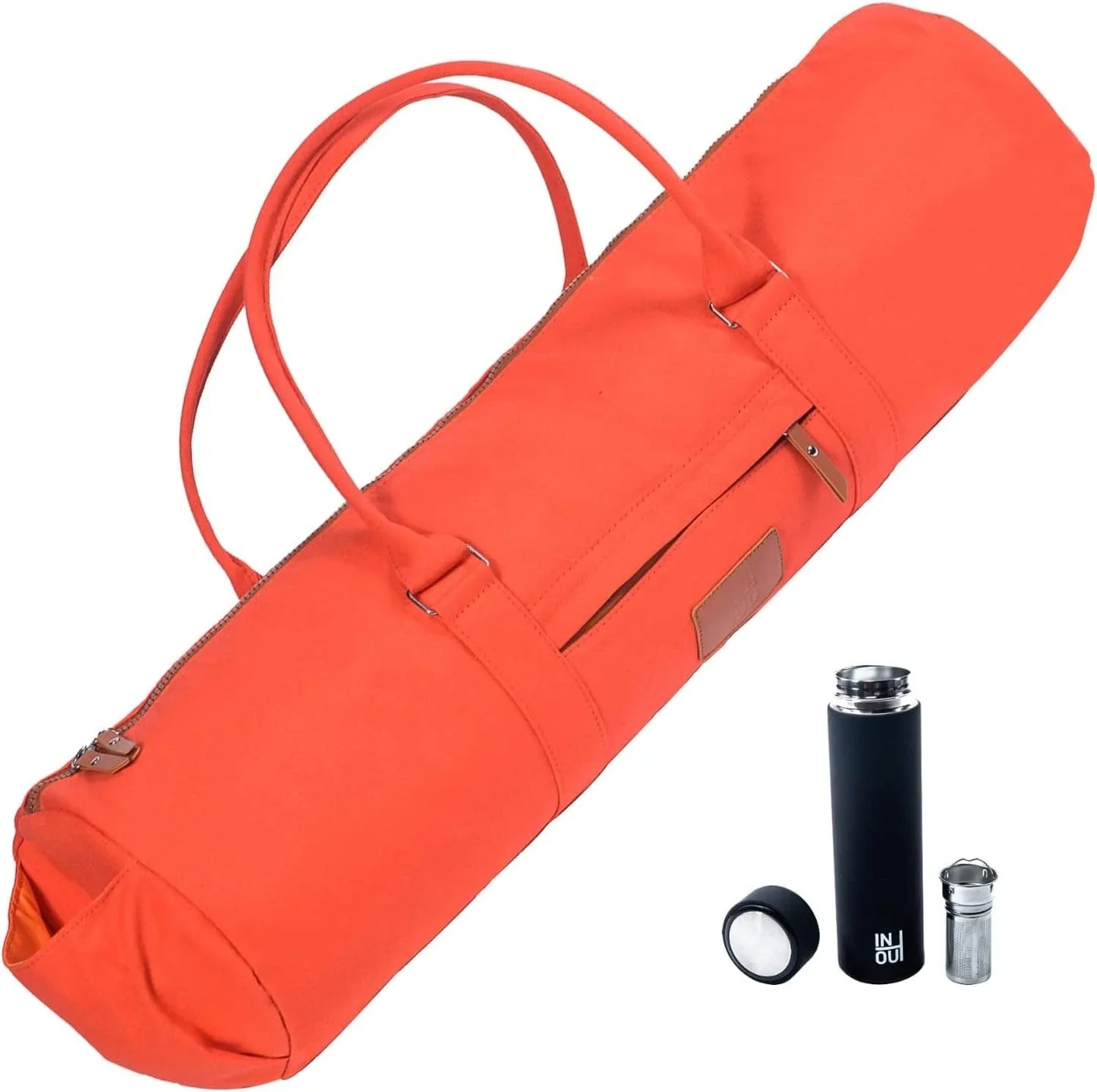 Inout Yoga Mat Carrier - Yoga Bag for 24 Inches Width and 1/4 or 1/3 Inches Thick Mat + 15 Oz Reusable Coffee / Tea Tumbler! Double Zipper and outside Pockets CARRY BAG, for Yoga Accessories!