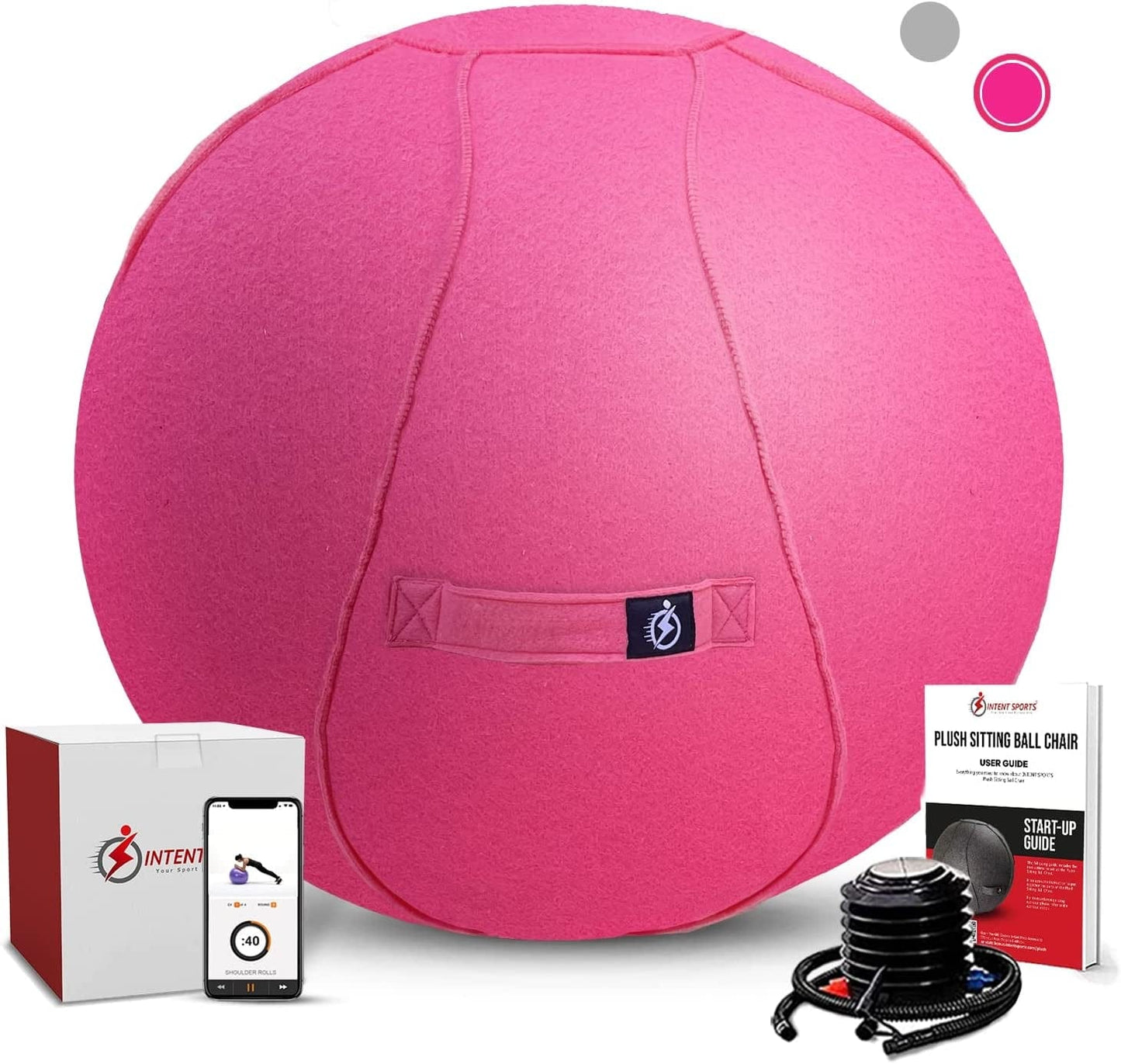 INTENT SPORTS Yoga Ball Chair Plush - Relieves Back Pain, Pregnancy Ball for Labor, Home Office Desk Sitting, Exercise Ball for Ergonomic Postures, Comes with Air Pump, Ebook and Exercise Videos, Pink