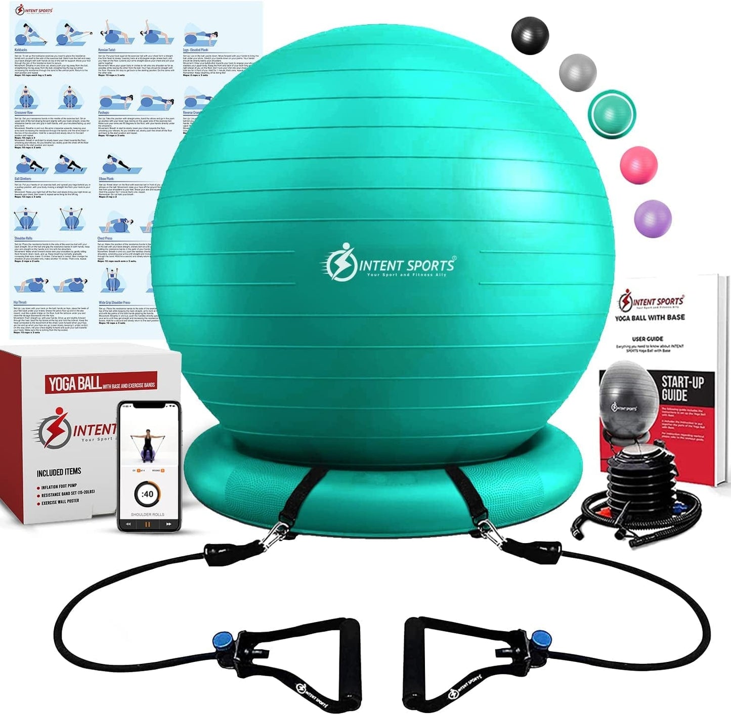 Intent Sports Yoga Ball Chair – Stability Ball with Inflatable Stability Base & Resistance Bands, Fitness Ball for Home Gym, Office, Improves Back Pain, Core, Posture & Balance (65 Cm)