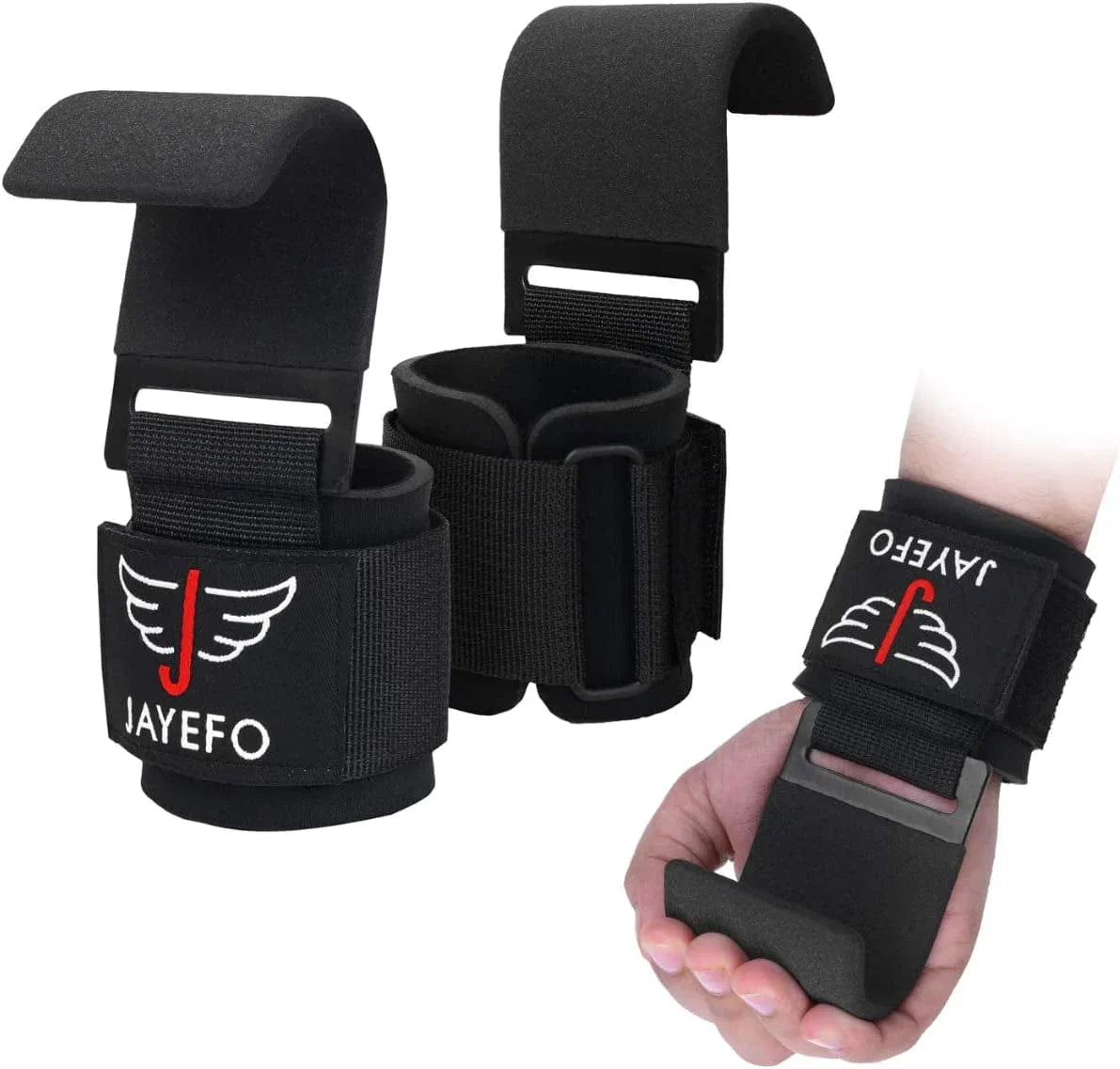 Jayefo Weight Lifting Hooks and Deadlift Straps - Pull up Grips, Lifting Hooks for Weight Lifting - Weight Lifting Straps for Men - Weight Grips for Home and Gym Workout - Standard Size – Black