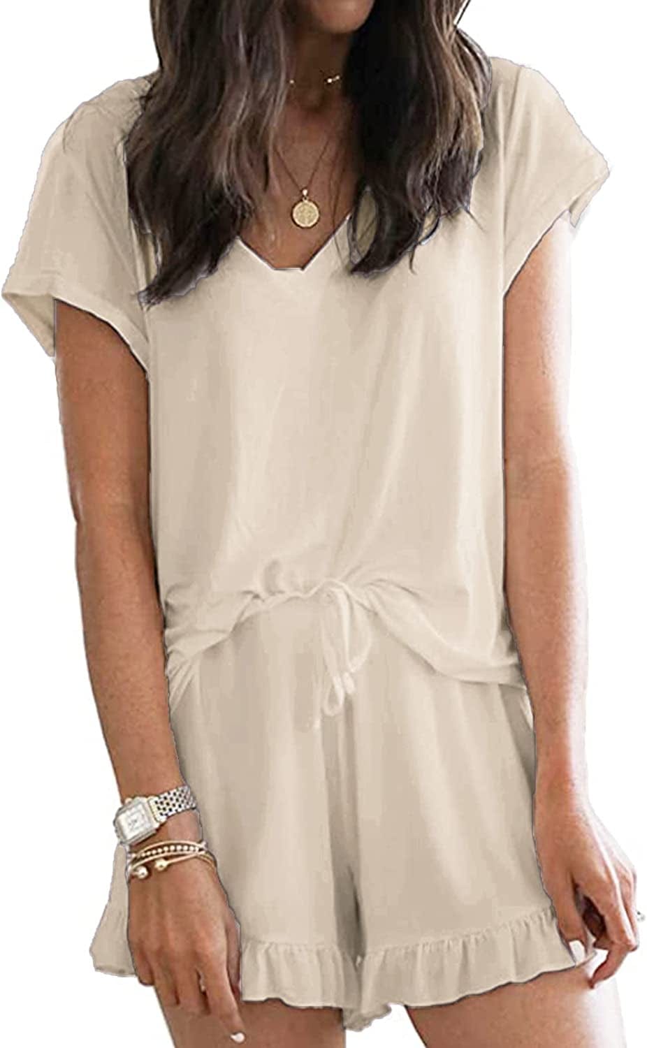 Luckymore Women'S Pajama Short Sleeve Sleepwear Soft Pj Set V Neck Top and Shorts Pajamas Set