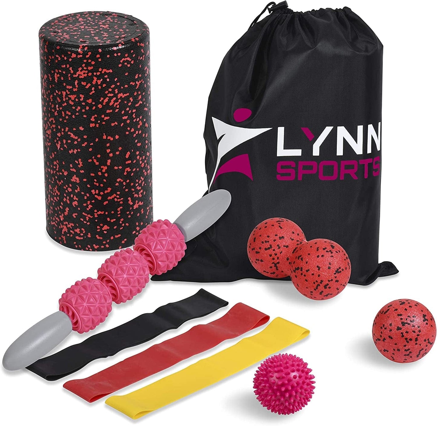 LYNN SPORTS High Density Exercise Foam Roller Set Kit | 8 in 1 + Tote Bag (EVA Muscle Roller Ick, 3 Massage Balls & 3 Resiance Loop Bands) - Physical Therapy Injury Prevention Deep Tissue Massage,Pink
