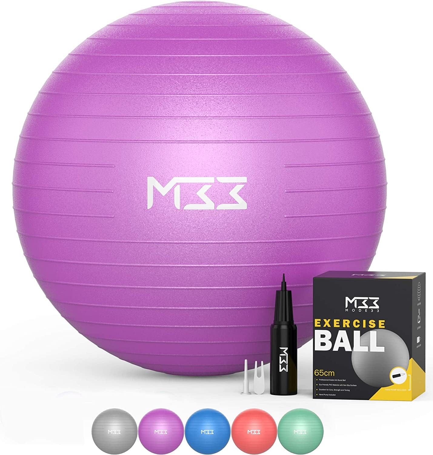 Mode33 Exercise Ball - 55 to 85Cm Extra Thick Anti-Burst Yoga Ball with Hand Pump - Gym Ball for Fitness, Pilates, Pregnancy, Labour, Birthing Ball, Swiss Ball – Multiple Colours