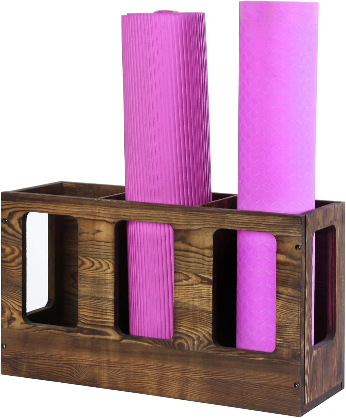 Mygift Vintage Brown Wood Foam Roller Storage Rack, Wall Mounted Yoga Mat Holder for Home Gym