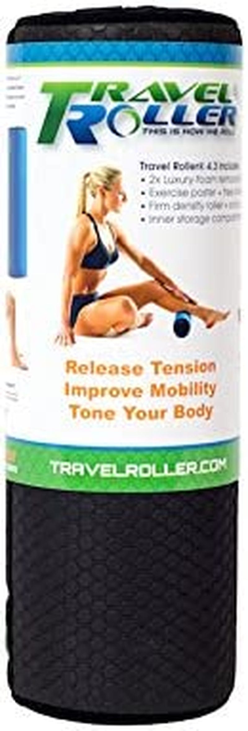 Travel Roller® Deluxe Foam Roller *Black* with Free Online Instructional Videos & Poster, Original (12.5" X 4.3")