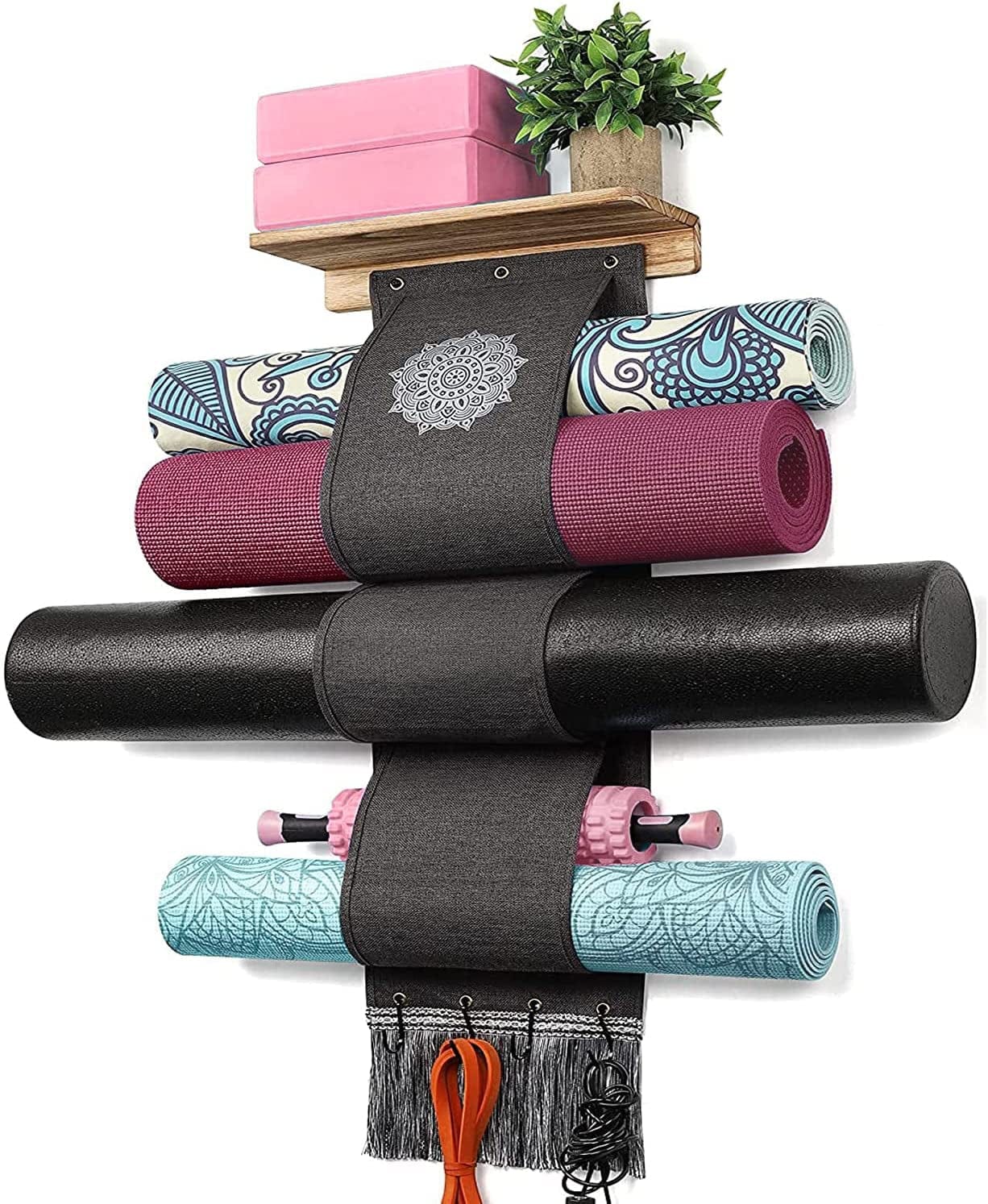 Yoga Mat Holder Wall Mount Yoga Mat Storage Rack with 3 Sizes Pocket Wood Floating Shelves and 4 Hooks for Hanging Foam Roller Yoga Mats Yoga Block Home Gym Accessories