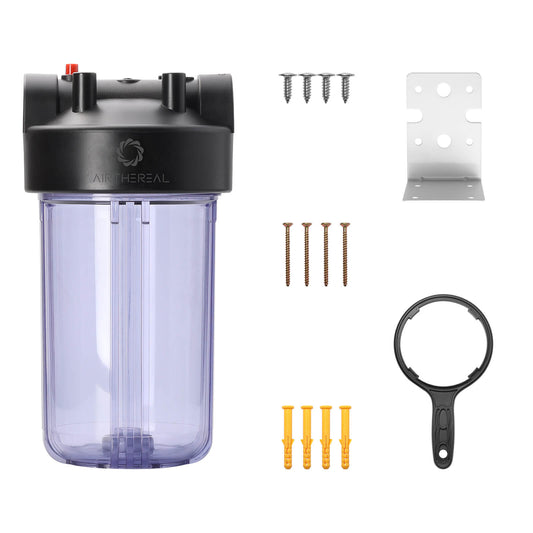 Airthereal Whole House Water Filter, Ideal for Well and City Water, 10" x 4.5" Sediment Carbon Cartridge Universal Housing, Pre-Filtration System (Clear Housing)