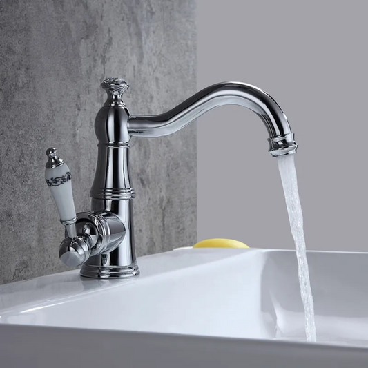 Classic White Porcelain Bathroom Faucet in Polished Chrome - Victorian Style 1-Hole
