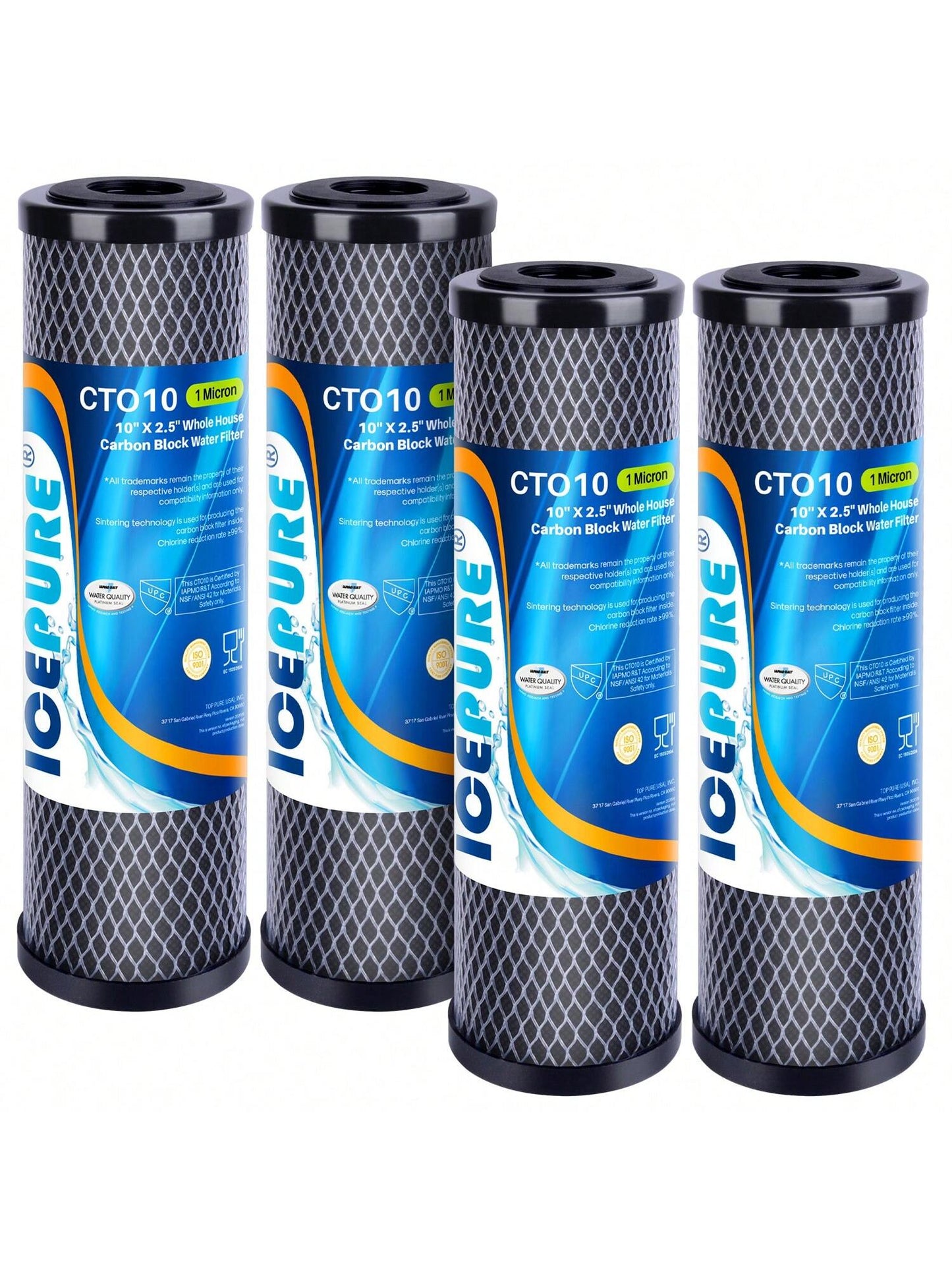 ICEPURE 1 Micron 2.5" x 10" Whole House CTO Carbon Sediment Water Filter Cartridge Compatible with WFPFC8002, WFPFC9001, SCWH-5, WHCF-WHWC, WHCF-WHWC, FXWTC, CBC-10, RO Unit, Pack of 4