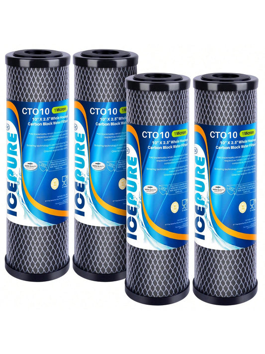 ICEPURE 1 Micron 2.5" x 10" Whole House CTO Carbon Sediment Water Filter Cartridge Compatible with WFPFC8002, WFPFC9001, SCWH-5, WHCF-WHWC, WHCF-WHWC, FXWTC, CBC-10, RO Unit, Pack of 4