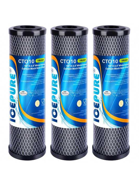 ICEPURE 1 Micron 2.5" x 10" Whole House CTO Carbon Sediment Water Filter Cartridge Compatible with WFPFC8002, WFPFC9001, SCWH-5, WHCF-WHWC, WHCF-WHWC, FXWTC, CBC-10, RO Unit, Pack of 3