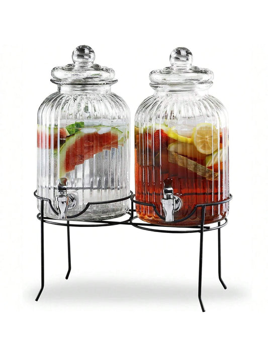 Canyon Beverage Dispenser Set of 2 Cold Drink Dispenser w/ 1.3-Gallon Capacity each Glass Jug, Metal Rack & Leak-Proof Acrylic Spigot Great for Parties, Weddings & More