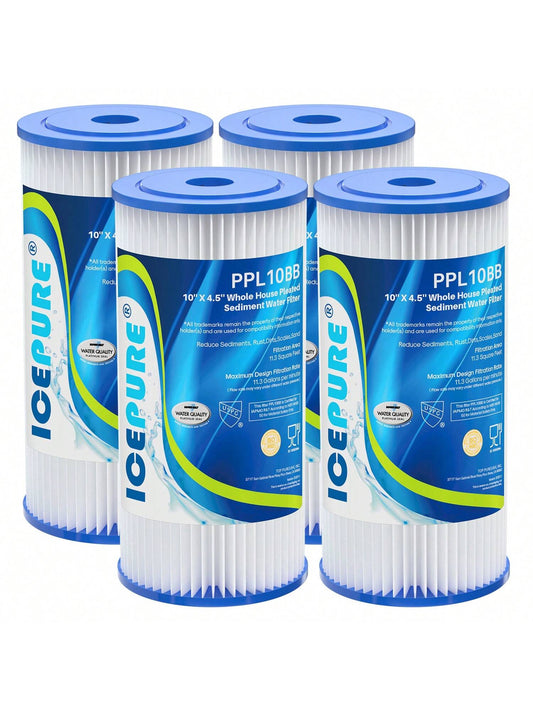10" X 4.5" Whole House Pleated Sediment Water Filter Replacement For GE FXHSC, Culligan R50-BBSA, Pentek R50-BB, WFHDC3001, W50PEHD, GXWH40L, GXWH35F, For Well Water, Pack Of 4