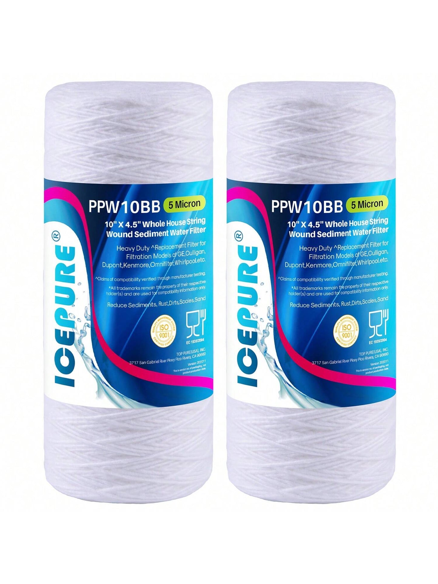 ICEPURE 5 Micron 10 X 4.5 Whole House Sediment String Wound Water Filter Replacement Filter For 84637, WPX5BB97P, PC10, 355214-45, 355215-45, WP10BB97P, WP5BB97P, 2PACK