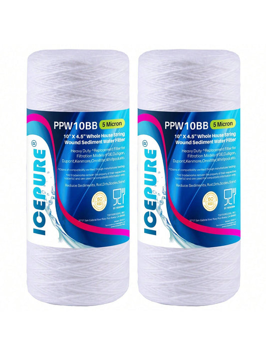 ICEPURE 5 Micron 10 X 4.5 Whole House Sediment String Wound Water Filter Replacement Filter For 84637, WPX5BB97P, PC10, 355214-45, 355215-45, WP10BB97P, WP5BB97P, 2PACK