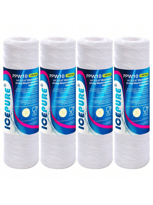 5 Micron 10" X 2.5" String Wound Sediment Water Filter Cartridge For Well Filter Universal Replacement For Any 10 Inch RO Unit, WP-5, Aqua-Pure AP110, CFS110, Culligan P5, WFPFC4002, WP-5, CW-MF,4PACK