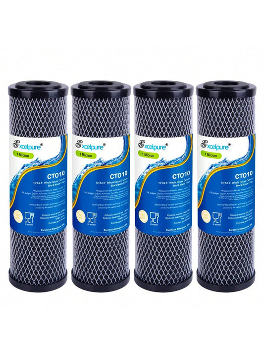 EXCELPURE 1 Micron 10" X 2.5" Whole House CTO Carbon Water Filter Cartridge Replacement For Home Countertop System, WFPFC8002, WFPFC9001, FXWTC, SCWH-5, WHEF-WHWC, WHCF-WHWC, CTO10, T01, 4PACK