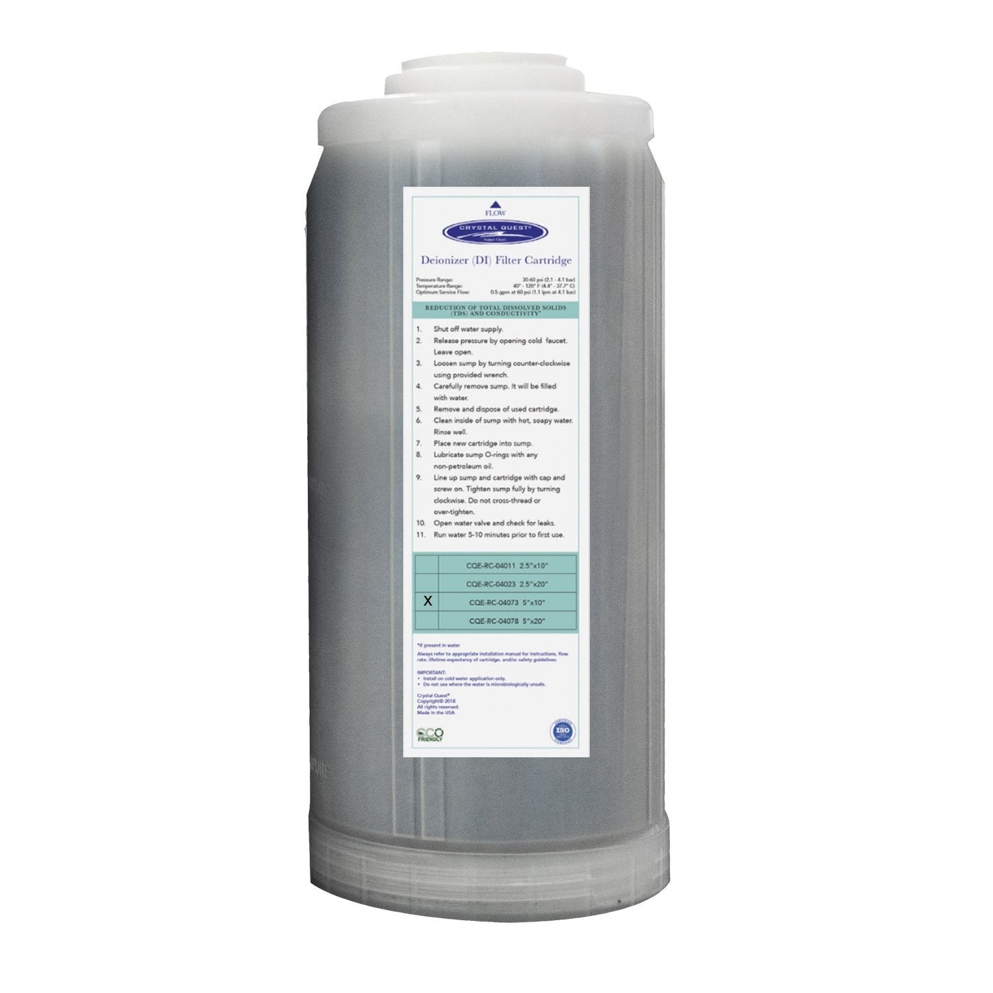 4-5/8" x 9-3/4" Ultra High Purity Demineralizing (DI) Cartridge for TDS Reduction - Water Filter Cartridges - Crystal Quest Water Filters