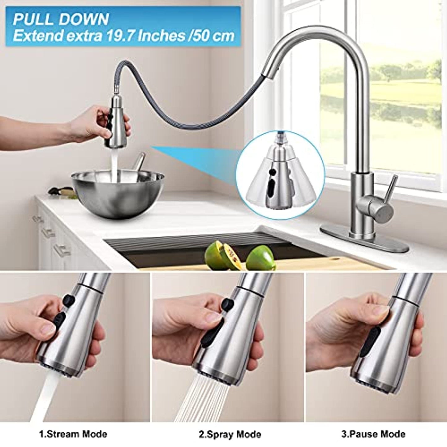 Kitchen Faucet with Pull Down Sprayer, Single Level Stainless Steel