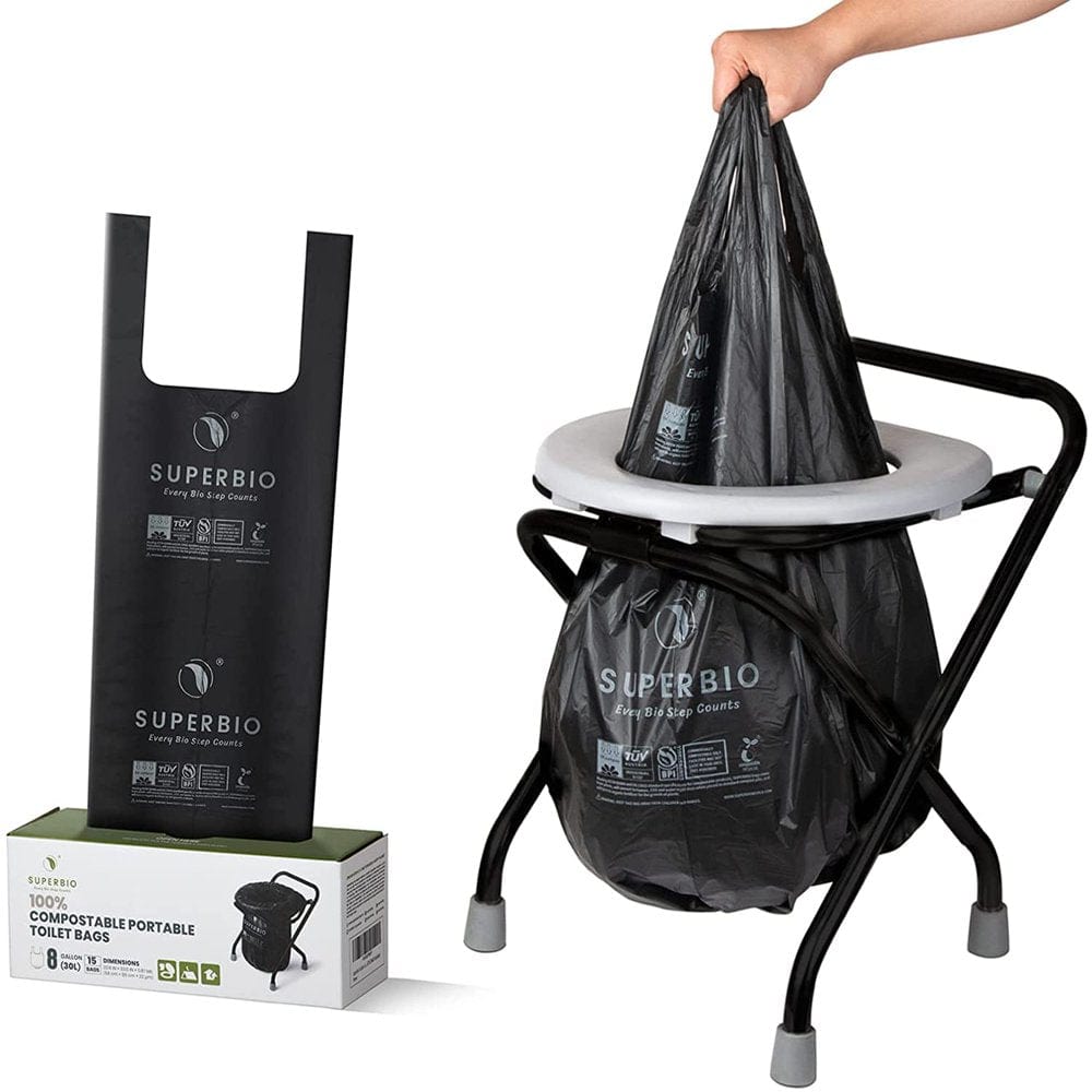 8 Gallon Compostable Handle Tie Portable Toilet Bags for Travel, Camping and Outdoor Getaways. 15 Count, Opaque, Leak-Proof Odorless Porta Potty Liners Certified by BPI and OK Compost