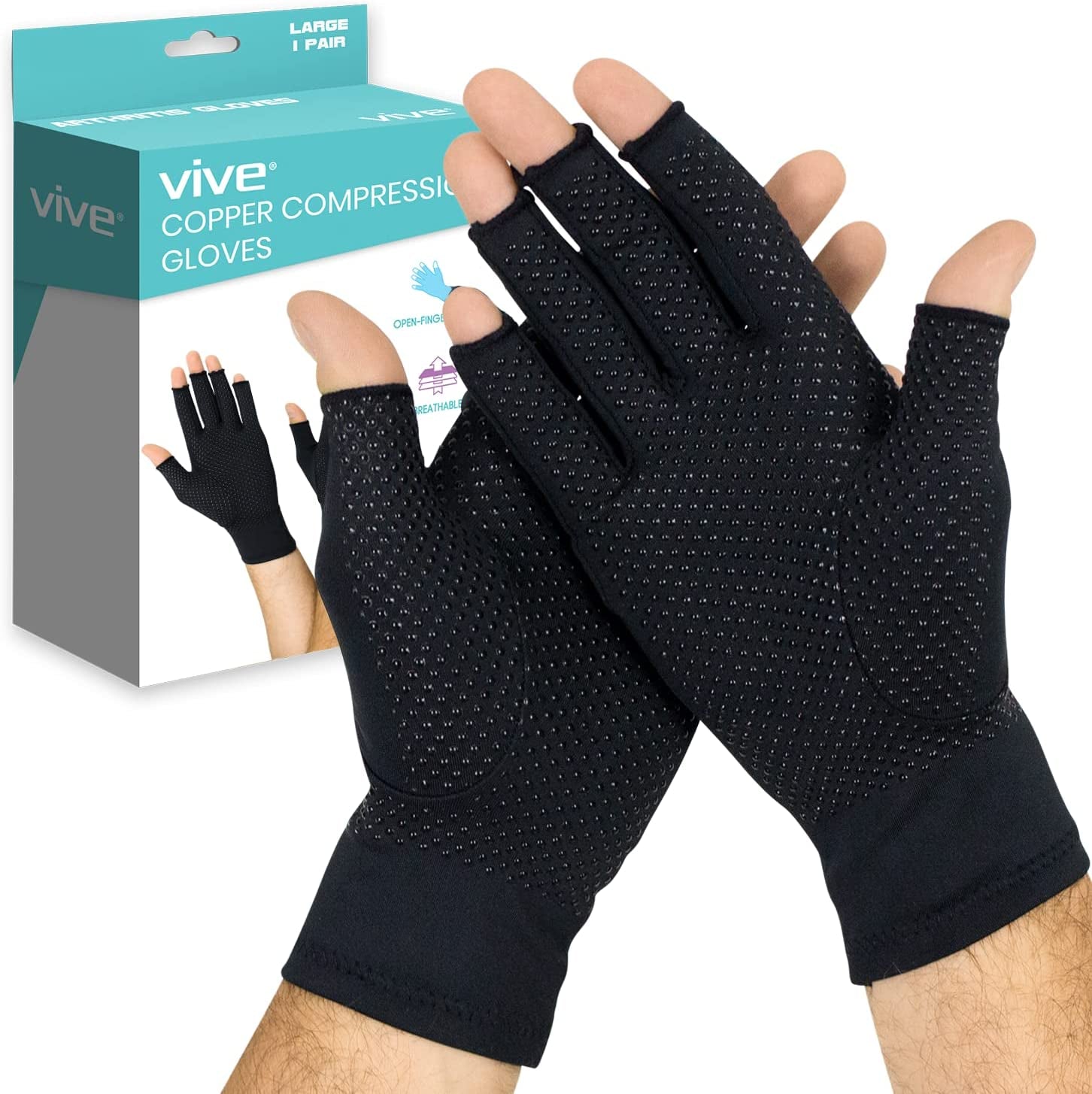 Vive Fingerless Arthritis Gloves for Men & Women Made W/ Copper Infused Fabric - Therapeutic Compression for Swelling, Carpal Tunnel, Tendonitis, Edema, & Finger Pain - Comfortable Non-Slip (Medium)