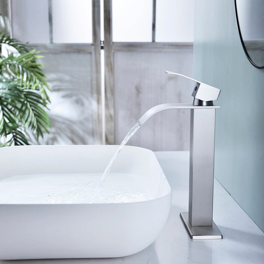Waterfall Spout Bathroom Faucet Single Handle Vanity Sink Brushed Nickel