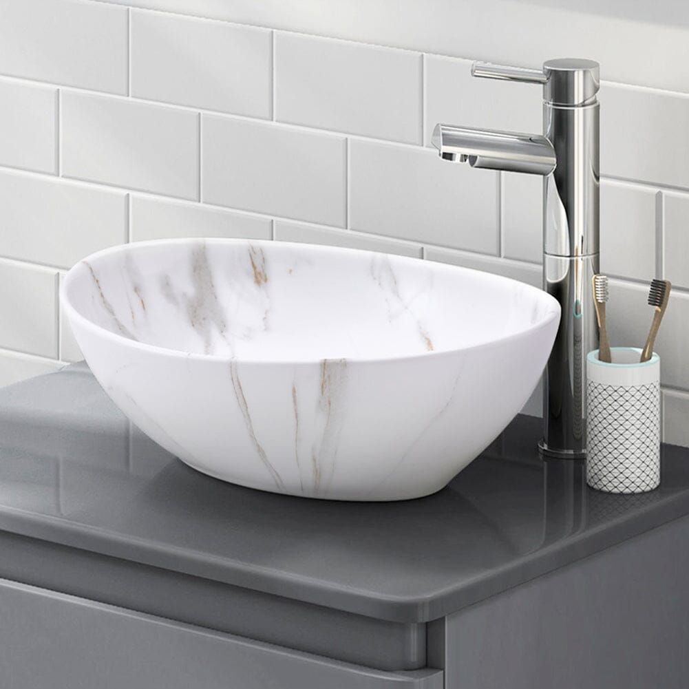 41.5cm W x 13.5cm D White Oval Marble Vessel Bathroom Sink
