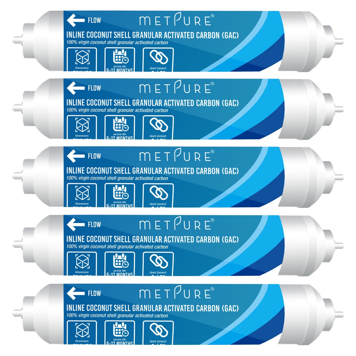 Metpure 2" x 10" RO Carbon Post Filter GAC Coconut Shell Granular Activated Carbon 3/8" Inline Water Filter for Reverse Osmosis Water Filter System, Refrigerator, Ice Maker. 3/8" Quick Connect.