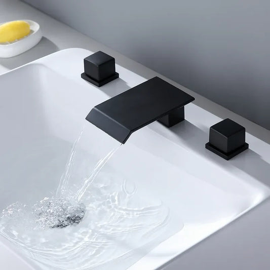 Matte Black Widespread Waterfall Bathroom Faucet with Double Square Handles