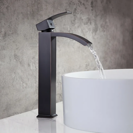 Modern Waterfall Spout Bathroom Faucet in Antique Black Vessel Sink
