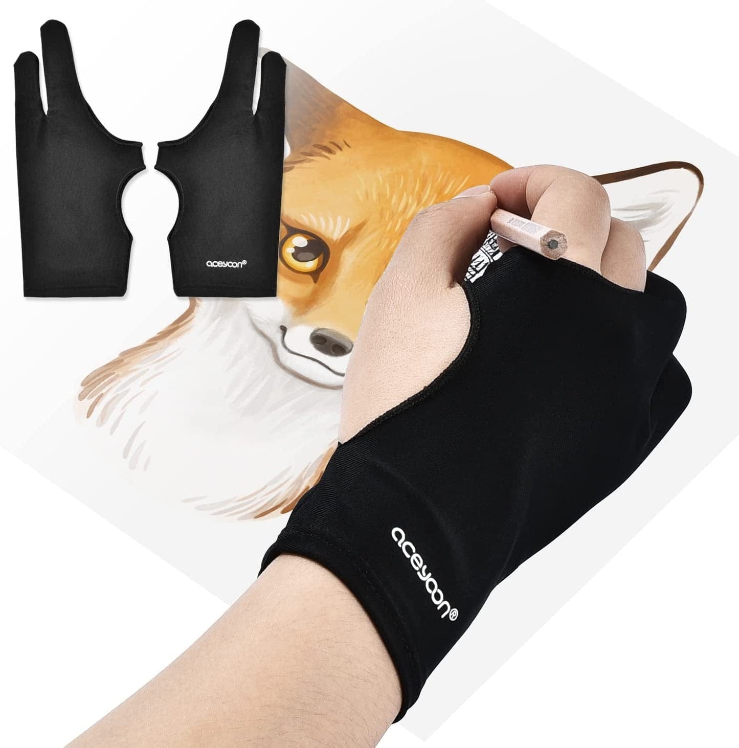 Aceyoon [Upgrade] 2Pack Drawing Glove, Two-Finger Artist Gloves for Digital Graphic Tablet, Elastic Painting Gloves for Right/ Left Hand Artists, for Paper Sketching, Ipad, Painting