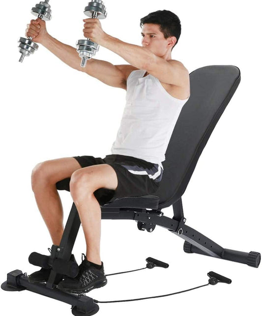 Adjustable Weight Bench, Utility Barbell Lifting Press Exercise Workout Sit up Abs Benchs for Home Strength Training Multi-Function Folding Flat Incline Decline Bench with 2 Fitness Rope