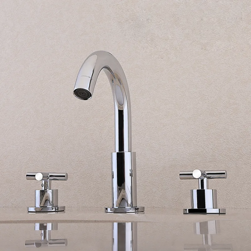 Modern Chrome Goosenecked  Bathroom Faucet - Double Cross Handle Spout
