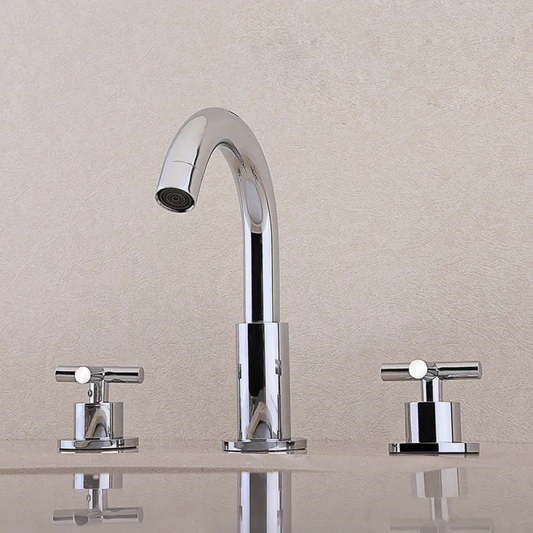 Modern Chrome Goosenecked  Bathroom Faucet - Double Cross Handle Spout
