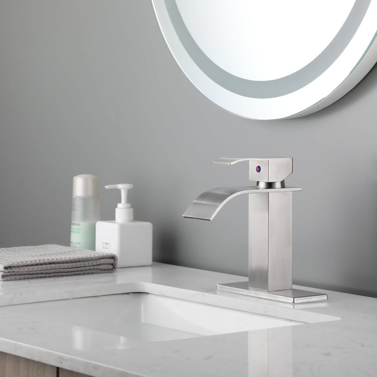 Waterfall Spout Bathroom Faucet Single Handle Brushed Nickel