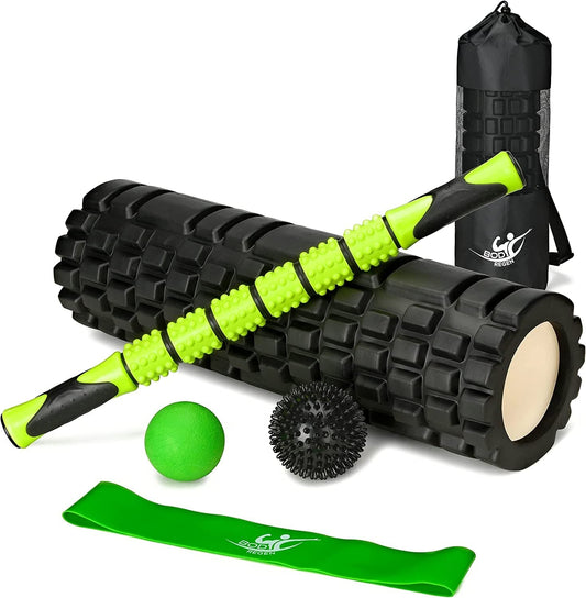 Body Regen Foam Roller Bundle - 6 in 1 Roller Set Includes Foam Roller, Muscle Massage Stick, the Stretch Band(With Logo), Lacrosse Ball, Spikey Ball, and a Carry Case(With Logo) (Green/Black)