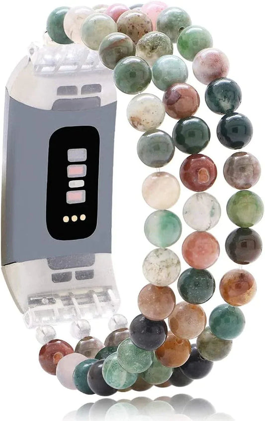 C&L Accessories Compatible with Fitbit Charge 3 Charge 4 Bands, Handmade Feminine Stretch Natural Stone Beaded Adjustable Bracelet Band for Women Girls (Indian Agate)
